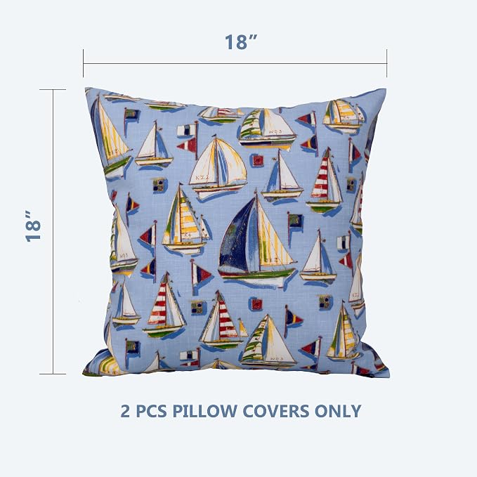 Outdoor Pillow Covers 18x18 Set of 2 Mist Sail Print, Waterproof & UV Resistant Polyester for Patio, Couch, Porch, Summer Nautical Decor