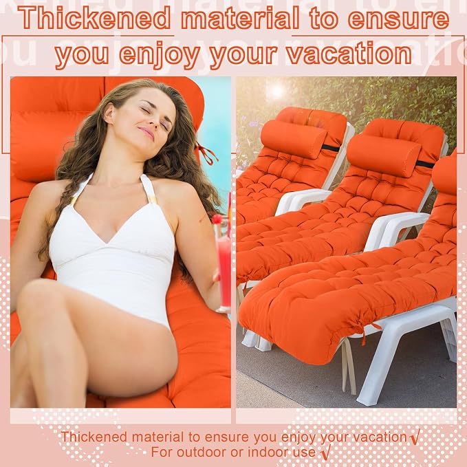 Tudomro Outdoor Chaise Lounge Cushion 66x21x4'' Waterproof & Fade-Resistant Patio Pool Chaise Lounge Cushion Headrest Pillow Tie Replacement Rocking High Back Chair(Bright Orange,1 Pcs)
