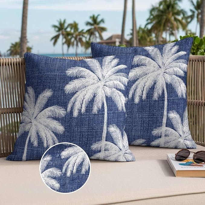 Outdoor Pillow Covers 16x16 Inch Set of 2, Indigo Blue Palm Trees Waterproof Throw Pillow Covers, Farmhouse Tropical Summer Beach Decorative Cushion Pillowcases for Couch, Sofa, Bed, Garden, Patio
