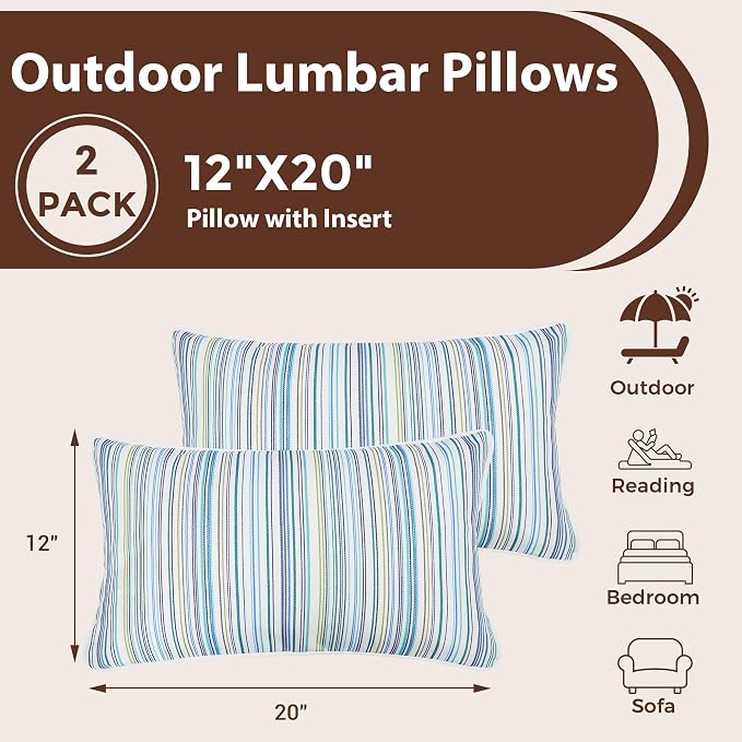 FUNHOME Outdoor Lumbar Pillow with Insert 12x20 Inch Pack of 2-Blue Stripe | Outdoor Pillows for Patio Furniture, Water-Repellent, Decorative Garden Pillows for Home Patio Coach Sofa Use