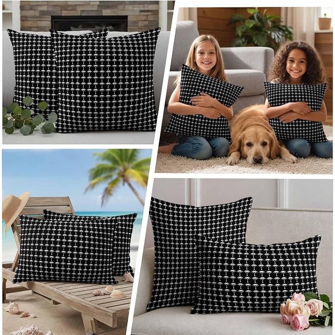 Palm Trees Outdoor Pillow Covers 20"x12" Set of 2, Summer Vintage Nautical Coastal Beach Ocean Black Tree Waterproof Throw Pillow Covers for Patio Furniture, Decorative Cushion Covers for Porch