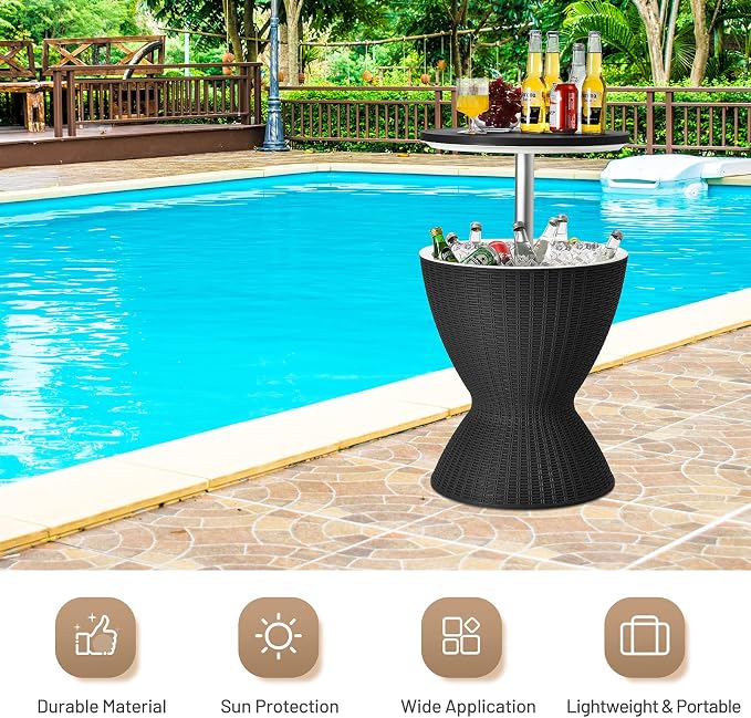 Tangkula Outdoor Cooler Table, Multi-Functional Cooler Bar Table, Adjustable Height Ice Cooler Side Table w/Drain Plug, 8 Gallon Beer & Wine Cooler, Rattan Style Patio Furniture for Pool Parties