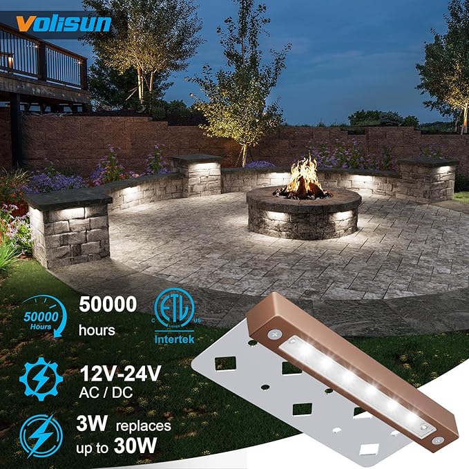VOLISUN 7 Inch Retaining Wall Lights, 5000K Hardscape Lighting, 8 Pack | IP65 Waterproof, Cuttable Low Voltage Landscape Lighting, 12V Paver Lights, 3W Outdoor Step Lights, ETL