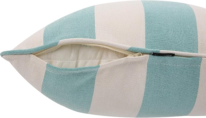 Outdoor Throw Pillow with Insert 18x18 Inch, Set of 2, Piping Edge Waterproof Fade Resistant Decorative Fluffy Pillows for Patio Furniture Chair Bench Couch Sofa - Teal Ivory Striped