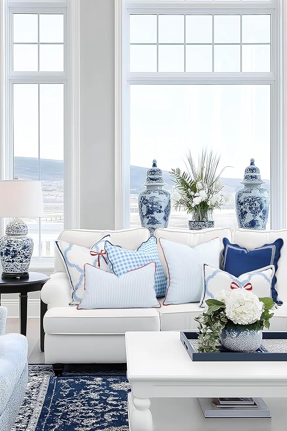 Hofdeco Premium Coastal Hampton Patio Indoor Outdoor Throw Pillow Cover Only, 20"x20" Water Repellent for Backyard, Couch, Poolside, Azure Blue Red Embroidered Ribbon Bow Tie on Leaves