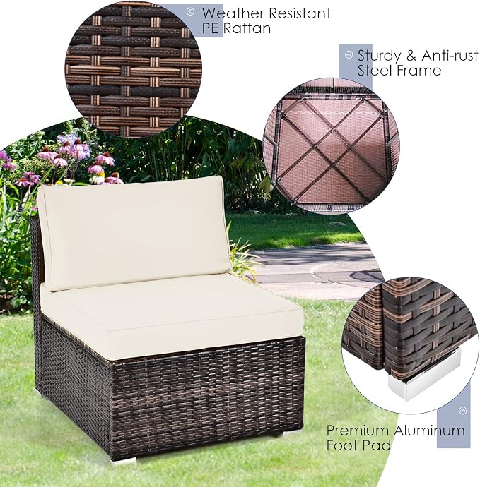 HAPPYGRILL 6 Pieces Outdoor Patio Furniture Set, PE Rattan Conversation Set with Tempered Glass Coffee Table and Cozy Cushions, Weather Resistant Sectional Sofa Set, White