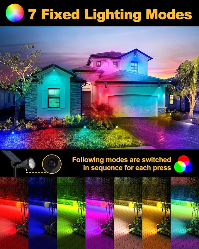 Solar Spot Lights Outdoor Color Changing, 7 Modes/14 LED Outdoor Solar Lights for Yard, Waterproof RGB Multicolor Solar Landscape Spotlights Auto On/Off for Flood, Yard, Tree, Pathway, 10 Pack