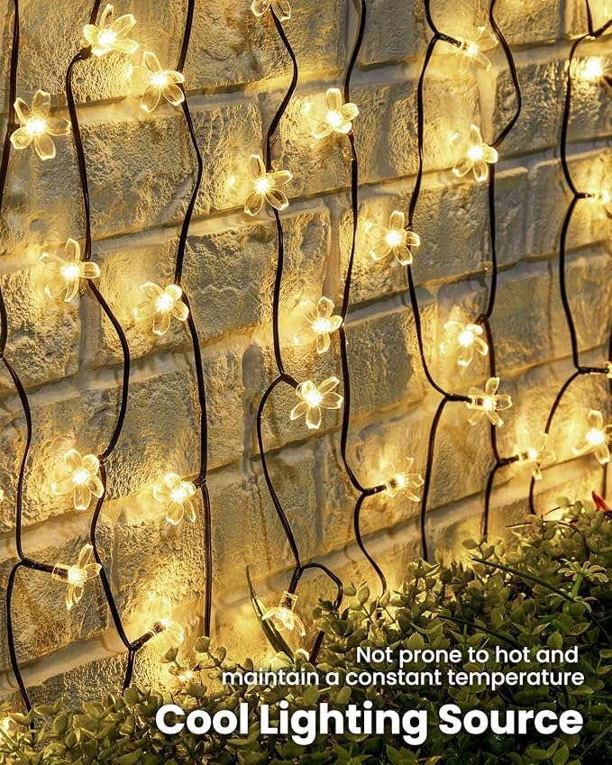 Brightown 2 Pack Total 52FT 120 LED Solar String Lights Flower Outdoor Waterproof Fairy Lights for Garden Yard Fence Patio Christmas Tree Wedding Party Decor, Warm White