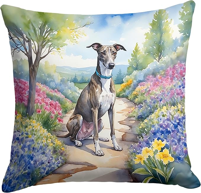 Caroline's Treasures Greyhound Spring Path Throw Pillow Machine Washable, Indoor Outdoor Decorative Pillow for Couch, Bed or Patio, 14Hx14W