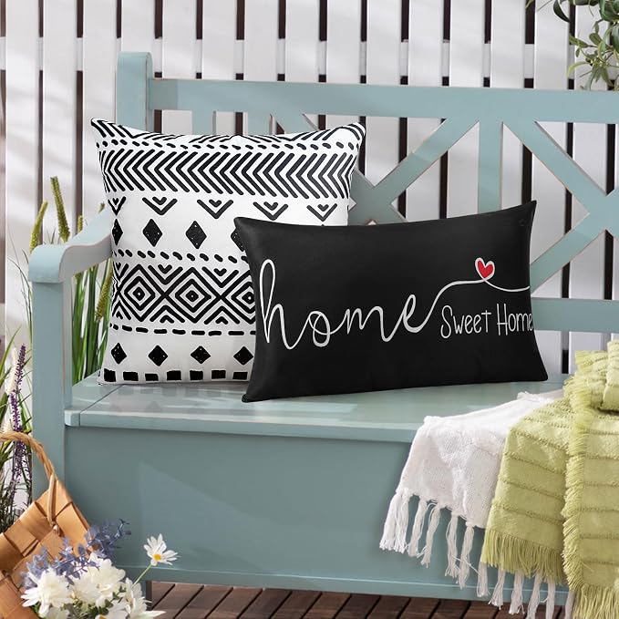 Adabana Outdoor Waterproof Pillow Covers 18x18 Set of 2 White Boho Design | Waterproof Fabric Designed for Patio Furniture, Porch, Balcony and Garden Decor