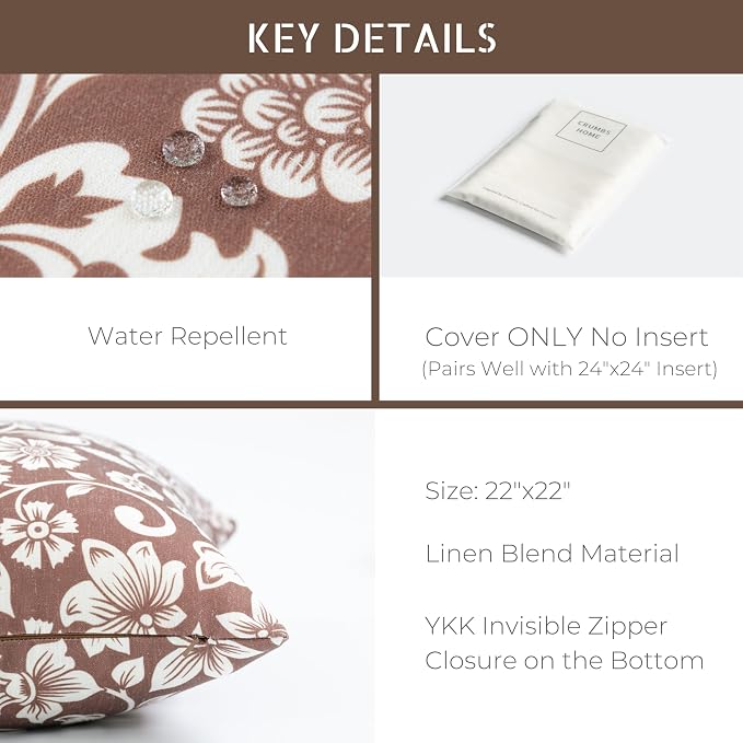 Modern Farmhouse Fall Linen Indoor Outdoor Throw Pillow Cover Only, 22"x22" Water Repellent for Patio, Backyard, Couch, Cocoa Brown Neutral Floral