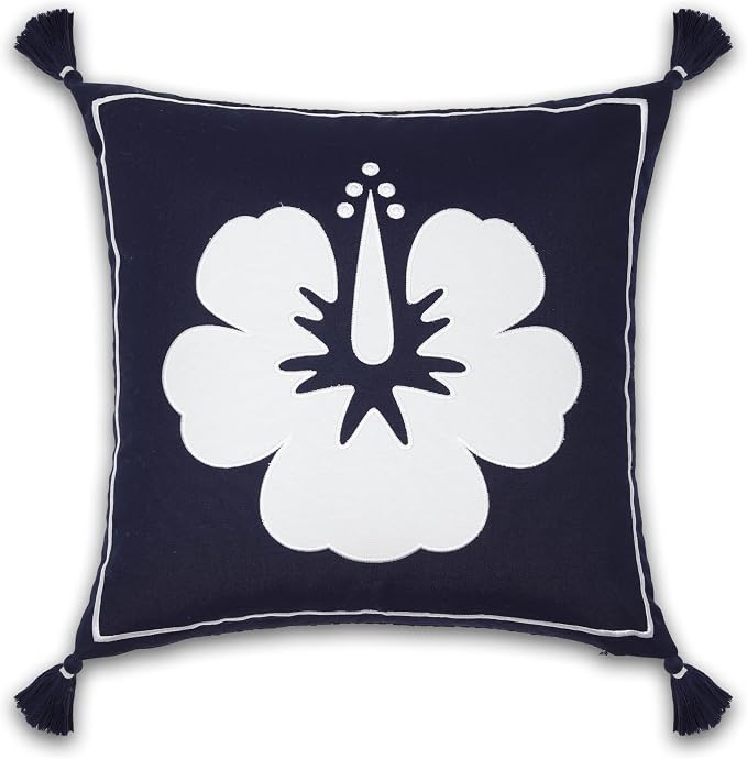 Hofdeco Premium Coastal Patio Outdoor Performance Pillow Cover Only, 18"x18" Water Repellent, UV and Fade Resistant for Backyard, Couch, Dark Navy Blue Embroidered Hibiscus Floral with Tassels