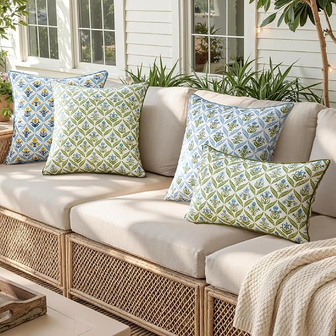 ANRODUO Floral Outdoor Waterproof Pillow Covers Set of 2 Green 12x20 Inch | Lumbar Block Print Decorative Cushion Cases With Refined Edge Piping for Summer Patio Porch Garden Couch Sofa Bench Decor
