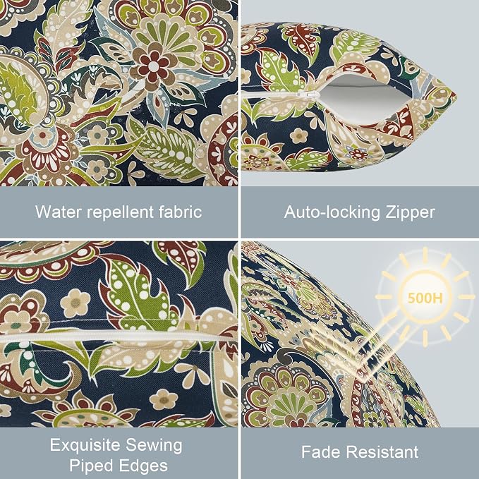 LVTXIII Set of 2 Patio Lumbar Pillow Covers ONLY, 12" x 20" Fade Resistant Outdoor Lumbar Pillow Cases, Decorative Lumbar Cushion Covers for Home Patio Sofa Use, Paisley Sapphire Blue