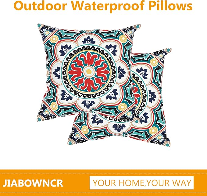 18" Outdoor Throw Pillows Set of 4, Waterproof & Fade Resistant Patio Furniture Pillows with Built-in Inserts, All-in-One Red Black Boho Design for Sofa, Patio or Backyard Relaxation