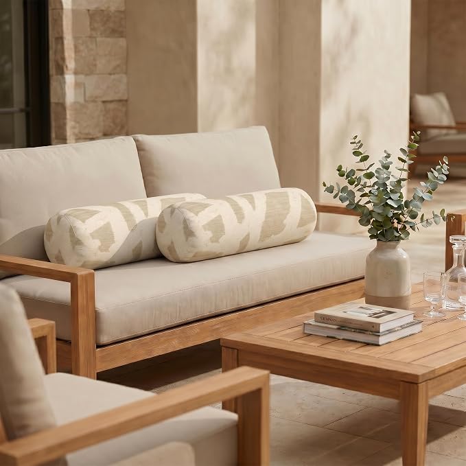 RSH DECOR: Sunbrella Neck Roll Pillows Set of 2 | 20” x 6” | Outdoor Bolster for Patio, Deck, Porch, or Poolside Furniture | Water & Fade-Resistant | Made in USA (Draft Parchment)