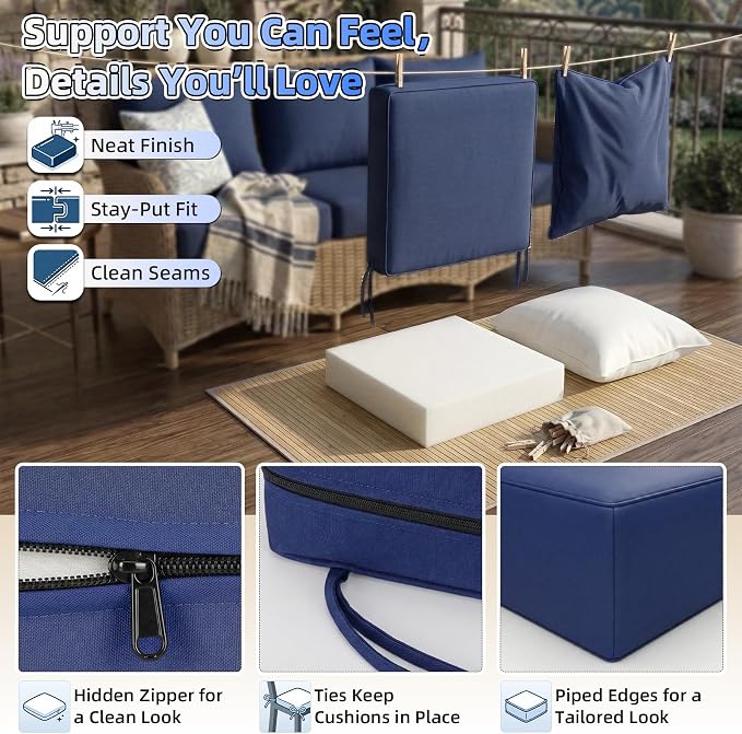 Srora Outdoor Deep Seat Patio Cushions, 5-Inch Thick Outdoor Chair Cushions, Waterproof 300GSM Colorwoven Fabric, 1200H+ Fade Resistant, Hidden Zipper Covers, 2 Ties, for Chair, Loveseat & Sofa
