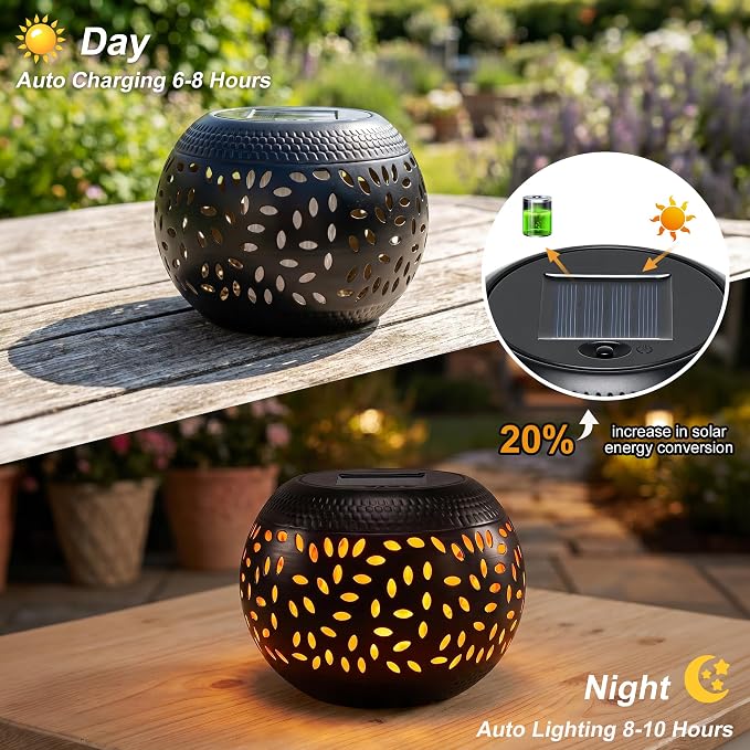 Solar Table Lights Outdoor Waterproof 2Pack Solar Flame Lantern | Dancing Flickering Flame Solar Lantern Decorative Metal Desktop Lamp for Gifts for Women Outside Garden Yard Patio & Indoor Tabletop