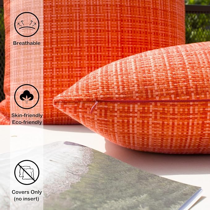 Kevin Textile Outdoor Waterproof 18x18 Inch Pillow Covers 2 Pack, Orange | Water Resistant, Faux Linen Yarn-dyed, Woven Texture Throw Pillow Covers for Tent Patio Garden Couch Sofa