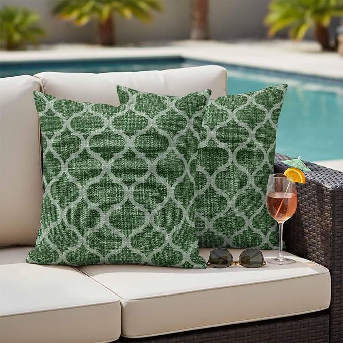 Dark Green Moroccan Outdoor Pillow Covers 20x20 Inch Throw Pillow Covers Set of 2 Waterproof Decorative Pillow Cases Middle Century Quatrefoil Plaid Art Cushion Covers for Patio Furniture Garden Couch