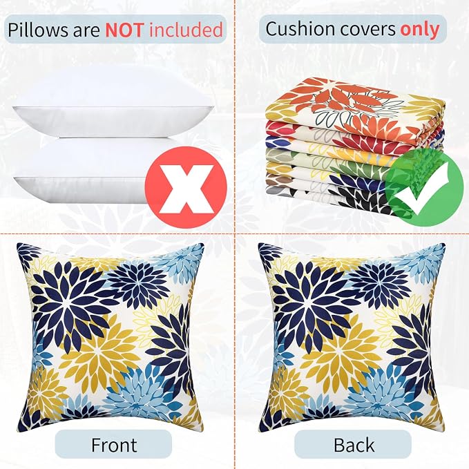 Set of 2 Dahlia Throw Pillow Covers Blue and Yellow Decorative Cushion Covers 16×16 Inches Outdoor Waterproof Pillowcases Blue and Yellow for Living Room Patio Garden