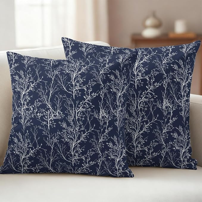 Navy Blue Branches Waterproof Outdoor Pillow Covers Set of 2 Home Decor, Abstract Art Leaves Plant Lumbar Pillowcase Patio Pillow Covers for Couch Bench Patio Furniture Garden 20x20in