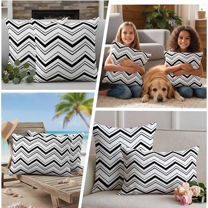 Abstract Geometric Outdoor Pillow Covers Set of 2 Ripple Stripe Chevron Black and White Waterproof Throw Pillow Cover Decorative Cushion Cases for Patio Porch Garden 18X18 Inch