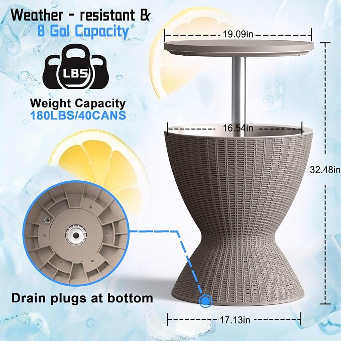 Outdoor Cool Bar Table 8 Gallon Portable Cooler Side Table,3-in-1 Cocktail Coffee Table Rattan Style,Sturdy, Waterproof & UV Resistant,Easy to Assemble & Clean for Indoor & Outdoor Use(Grey)