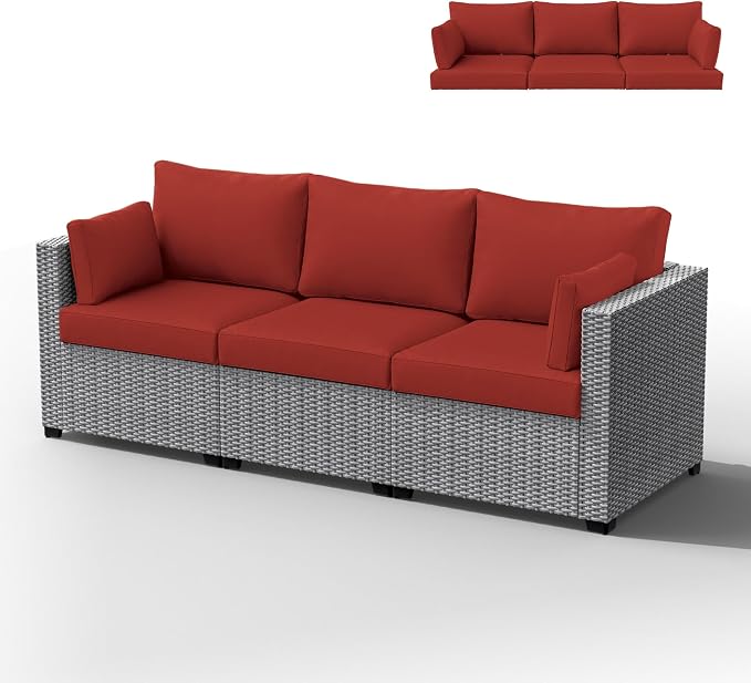 Outdoor Furniture Replacement Cushions, Waterproof Patio Furniture Cushions, 4" Deep Seat Outdoor Sectional Cushion for 3-Seat Outdoors Rattan Sofa Patio Sofa Cushion, Terra Red