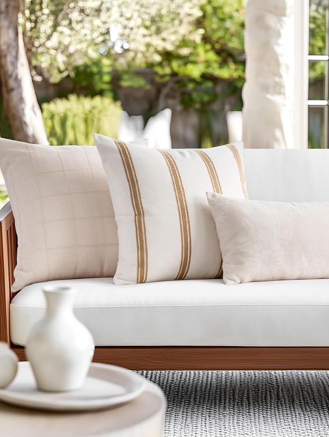 Modern Farmhouse Fall Linen Indoor Outdoor Throw Pillow Cover Only, 22"x22" Water Repellent for Patio, Backyard, Couch, Neutral Beige Plaid