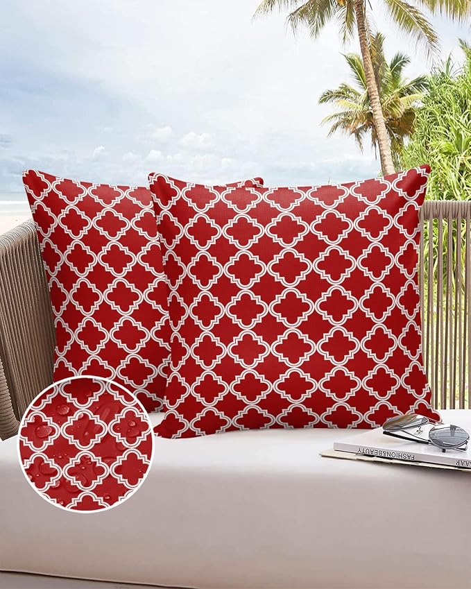 Outdoor Waterproof Pillow Covers for Patio Furniture Moroccan Pattern Decorative Throw Pillow Cover Geometric Trellis Red Pillowcases Set of 2 Cushion Case for Sofa Couch Chair Home Decor 26x26 inch