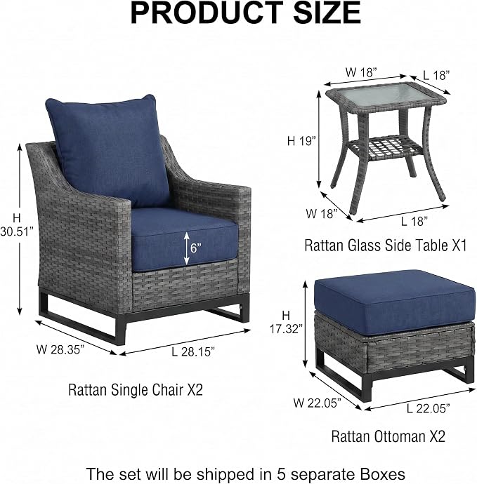 5 Pieces Patio Furniture Set, PE Rattan Patio Set with Soft Cushions & Side Table,All Weather Outside Furniture with Ottoman for Porch, Garden, Backyard