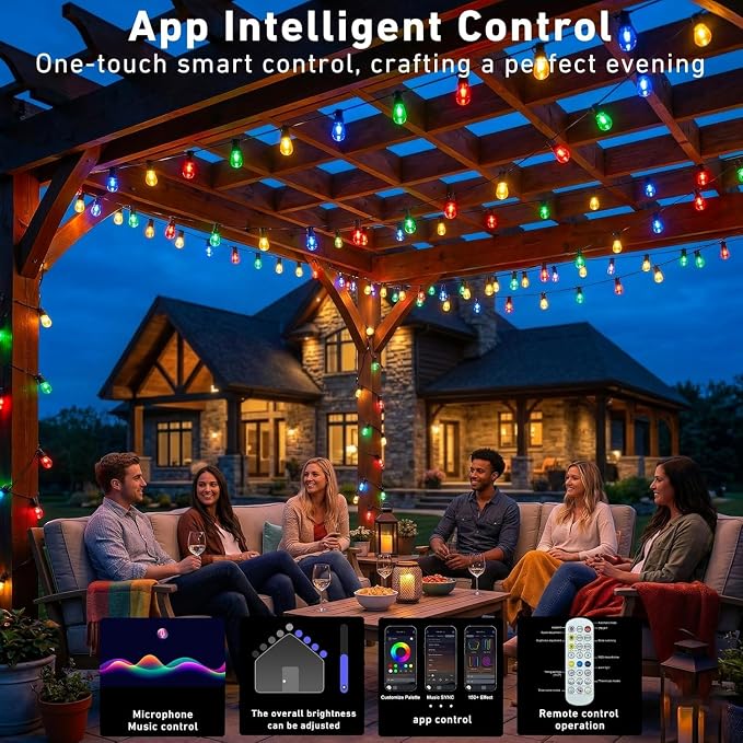 Outdoor String Lights,400FT Smart RGB+IC Patio Lights with Shatterproof LED Bulbs ,Outside Light Dimmable Patio for Decor DIY IP67 Waterproof ,Courtyard, garden,Holiday,LED lights more Scene Modes