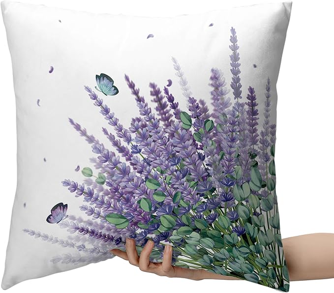 Spring Summer Floral Pillow Covers 20x20 Purple Lavender Decorative Pillow Covers Flowers and Butterflies Farmhouse Pillowcases for Outdoor Living Room Garden Sofa Set of 2