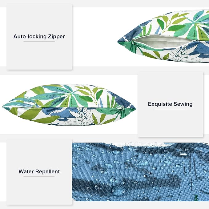 Outdoor Throw Pillows 16x16 Inch, Water Repellent Patio Pillows with Inners Set of 2 for Patio Furniture Home Garden, Islamorada Blue Green