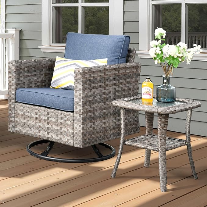 ovios Outdoor Side Table with Tempered Glass Top, Patio Wicker Rattan 2-Tier Storage Coffee End Tables for Porch Deck Balcony Garden Poolside (Light Grey-Small Size)