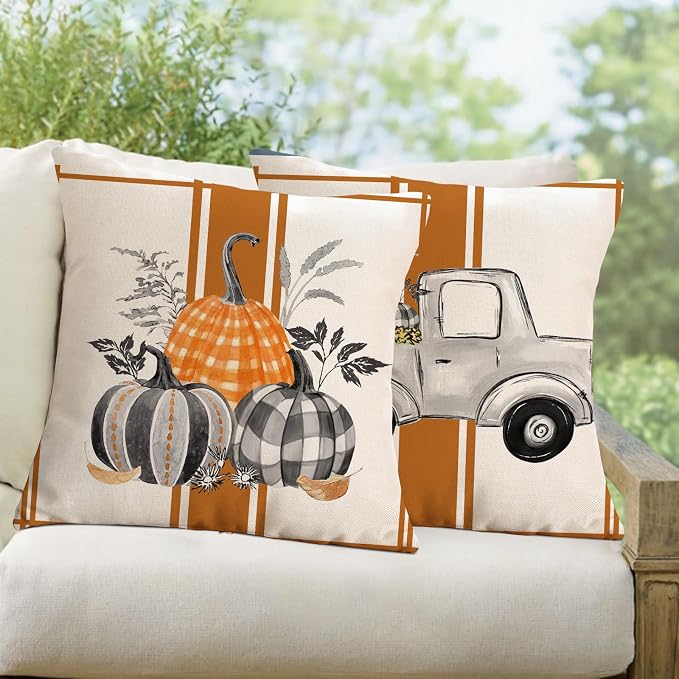 Orange Fall Outdoor Pillow Covers 18X18 Inch Set of 2 Waterproof Buffalo Plaid Pumpkins Truck Farmhouse Decorative Porch Cushion Cases Polyester Thanksgiving Decor for Patio Furniture
