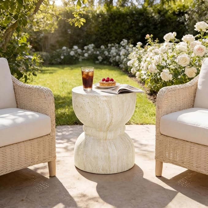 Outdoor Concrete Rounded Waist Outdoor Side End Tables, Decorative Garden Stools for Indoor Imitation Natural Stone Texture Patio Accent Side Table