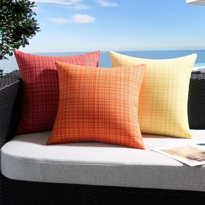 UGASA Fall Outdoor Waterproof Throw Pillow Covers Pack of 2 Patio Water Resistant Pillow Cases Summer Woven Texture Decorative for Outside Garden Porch Yard Bench Tent 20x20 Inch, Orange