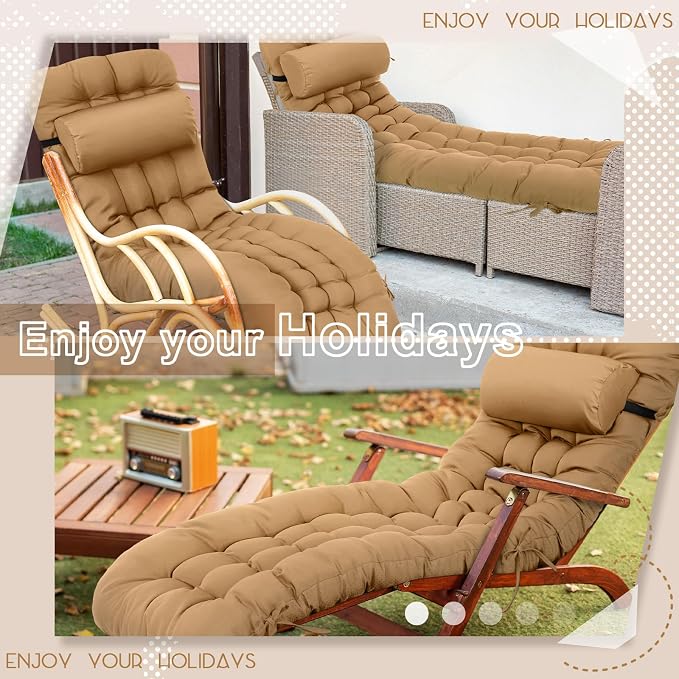 Tudomro Outdoor Chaise Lounge Cushion 66x21x4'' Waterproof & Fade-Resistant Patio Pool Chaise Lounge Cushion Headrest Pillow Tie Replacement Rocking High Back Chair(Brown,Set of 2)