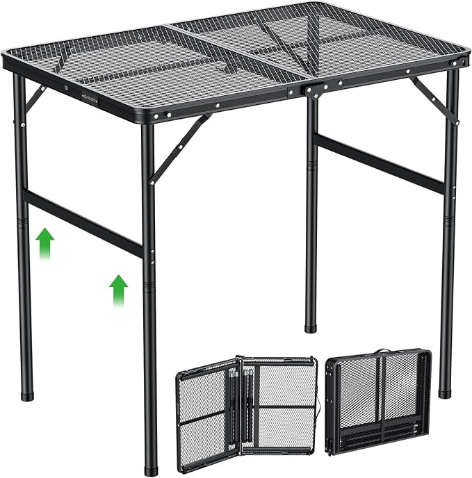 GARLLEN Folding Grill Table, 2-Height Adjustable Folding Camping Table with Heat-Resistant Wider Tabletop, Portable Aluminum Outdoor Tables for BBQ, Camping, Picnic, 35" L x 21.65" W, Black