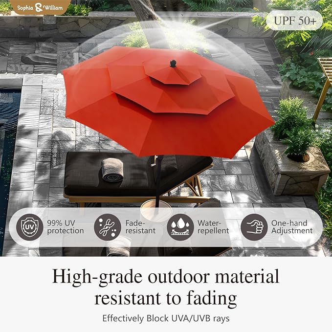 Sophia & William Patio Dining Set for 4 with 10ft 3 Tier Auto-tilt Umbrella, Outdoor Table Furniture Set with 4 x Metal Outdoor Chairs, 1 x Metal Square Dining Table and 1 Orange Red Patio Umbrella