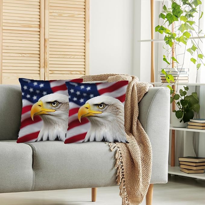 Swono American Bald Eagle Pack of 2 Throw Pillow Cases, Eagle On USA Flag Cozy Pillow Cover Square 18"X18" Cushion Case Set Pillowcase Decorative for Home Sofa Bedroom Car Office