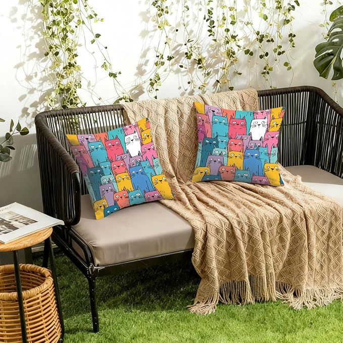 18x18 Inch Outdoor Pillow Covers Set of 2 Waterproof Throw Pillow Covers Decorative Couch Cushion Covers Colorful Cats Pattern Square Pillowcases Protectors for Patio Garden Sofa