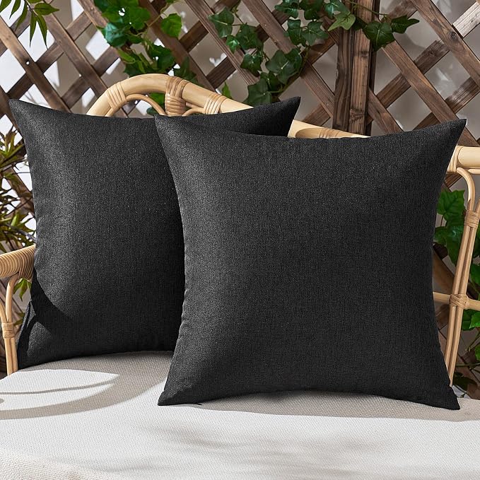 Outdoor Waterproof Throw Pillow Covers Black 18x18 Set of 2 | Decorative Farmhouse Linen Pillowcases Solid Cushion Cases for Patio Tent Balcony Couch Sofa Living Room