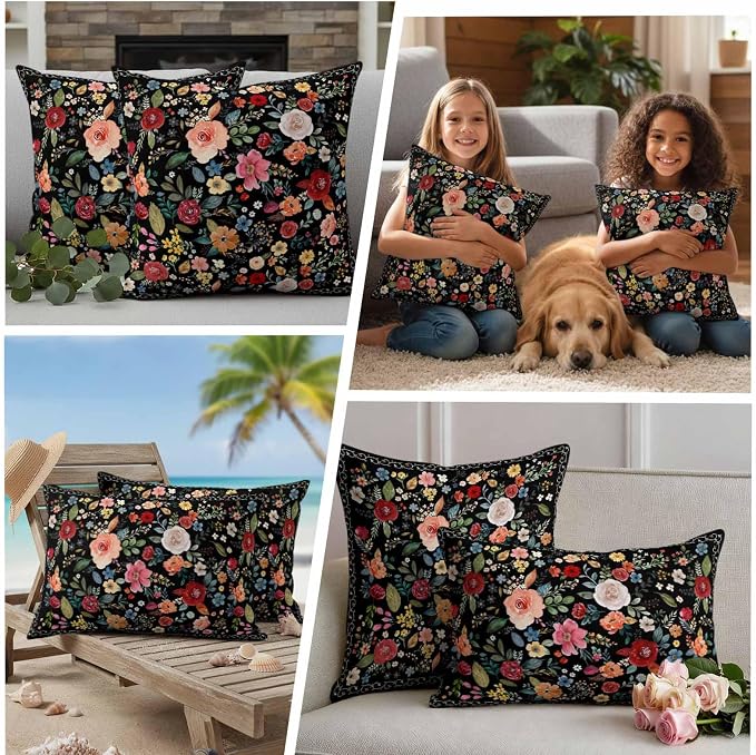 Watercolor Flowers Waterproof Outdoor Pillow Covers 16''x16'' Set of 2, Farmhouse Floral Patio Furniture Black Cushion Covers for Chairs, Decorative Vintage Wildflowers Pillow Cases for Garden/Pool