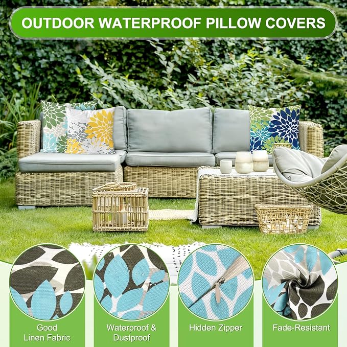M METERXITY 2-Pack Pillow Cover 20x20 Linen, Blue Brown Gray | Water Resistant Floral Decor Slipcover, for Patio, Balcony, Garden, Outdoor Pillow Case