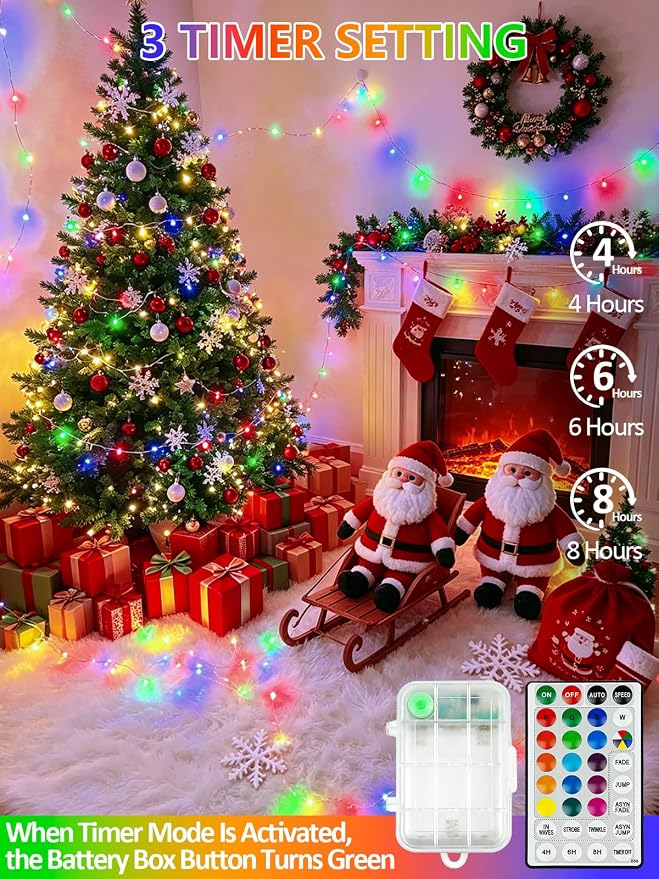2 Pack 60 LED RGB Color Changing Fairy Lights Battery Operated with Remote | 20FT Christmas Twinkle String Lights with Timer 8 Modes 18 Colors, USB & Battery Powered, Waterproof Outdoor Halloween Decor