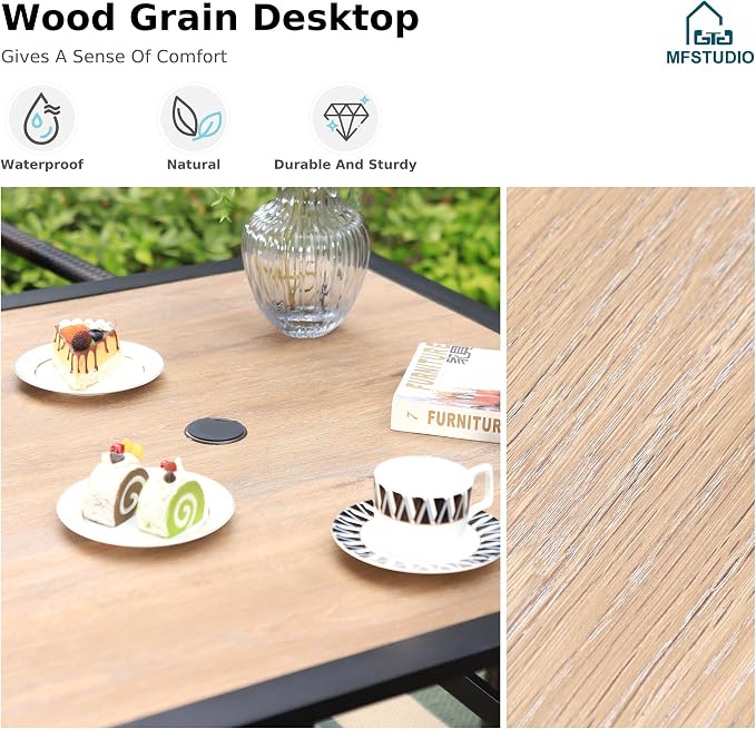 MFSTUDIO 5 Pieces Patio Dining Set, Outdoor Table and Chairs for 4, Outdoor Rattan Dining Furniture Set, Patio Wood-Like Metal Table with Wicker Chairs