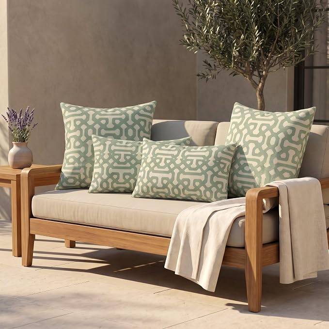 RSH DECOR: Sunbrella Lumbar & Square Pillows Set of 4 | 20" x 12" & 17" x 17" | Water and Fade-Resistant Performance Fabric | Outdoor Throw Pillows for Patio Furniture | Made in USA (Fretwork Mist)